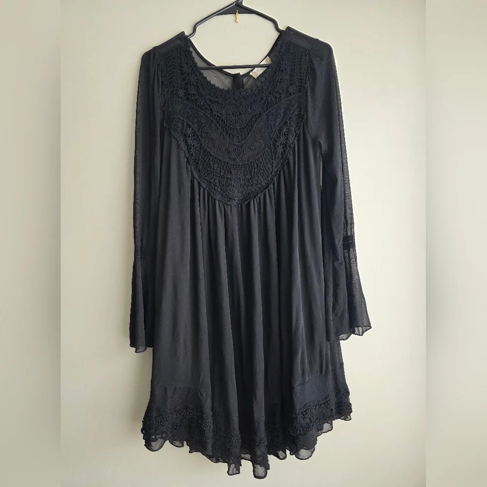Altar'd State Black Crochet Lace Bell Sleeve Boho Mini Dress - Picture 3 of 13